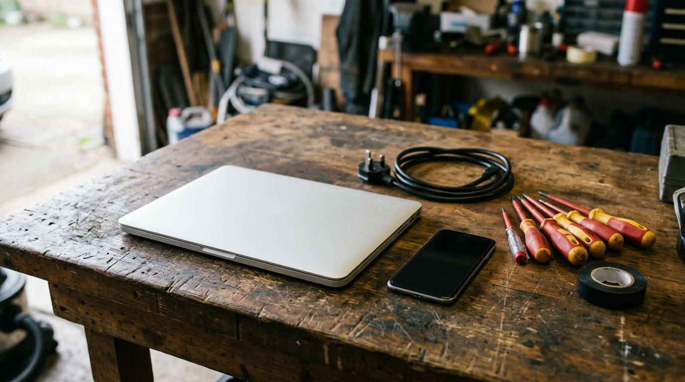 A laptop and a phone on a workshop bench