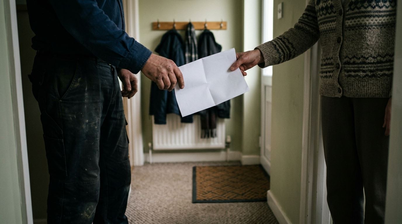 An electrician handing a folded job sheet to a customer in a hallway