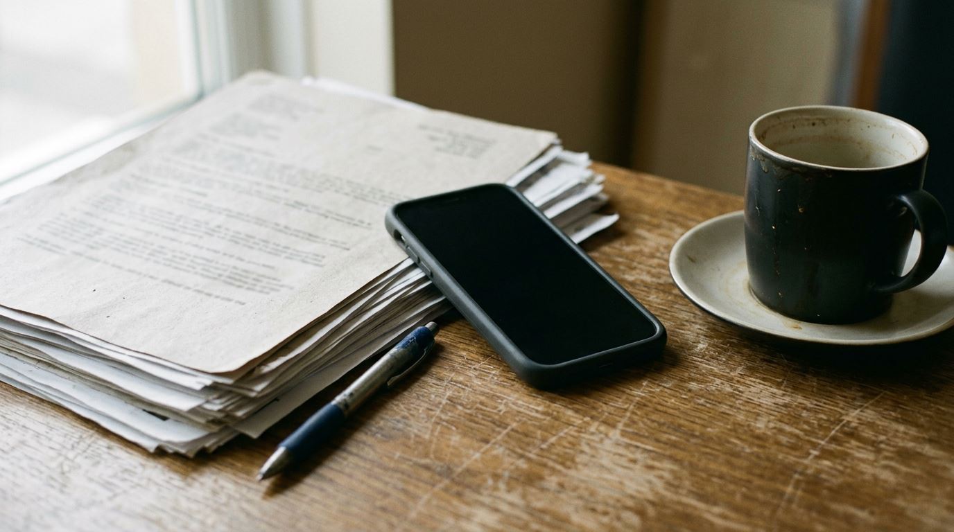 Overhead shot of a phone lying screen-down on a worn table beside a stack of paperwork, a pen and a mug, so nothing on the screen is visible