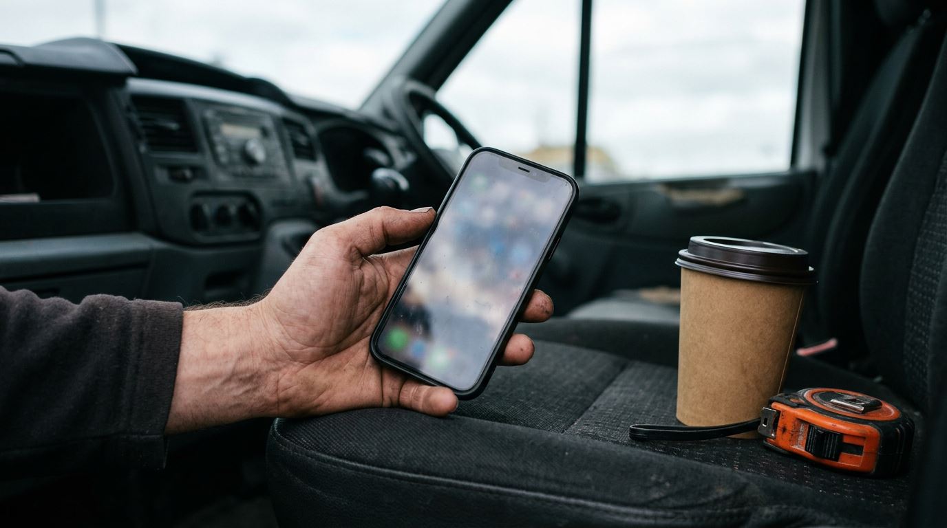 An electrician looking at his phone in the driver's seat of a van