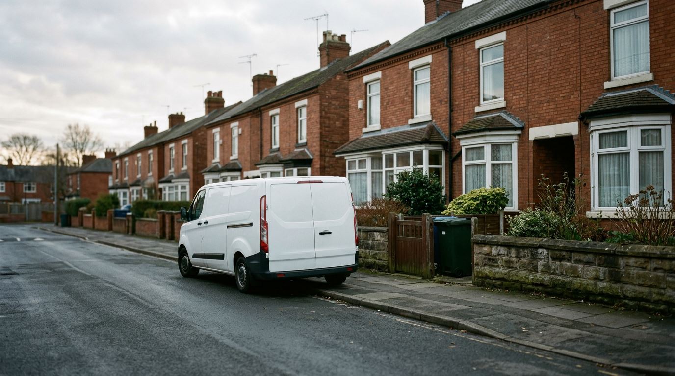 An unmarked white van parked on a red-brick terraced street in the Midlands in late afternoon cloud, photographed from pavement level with wet tarmac and low garden walls