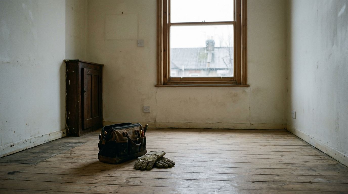 The empty living room of an unfurnished British rental flat with bare floorboards, an old meter cupboard against the wall, cold light through the window, and a pair of gloves and a tool bag on the floor