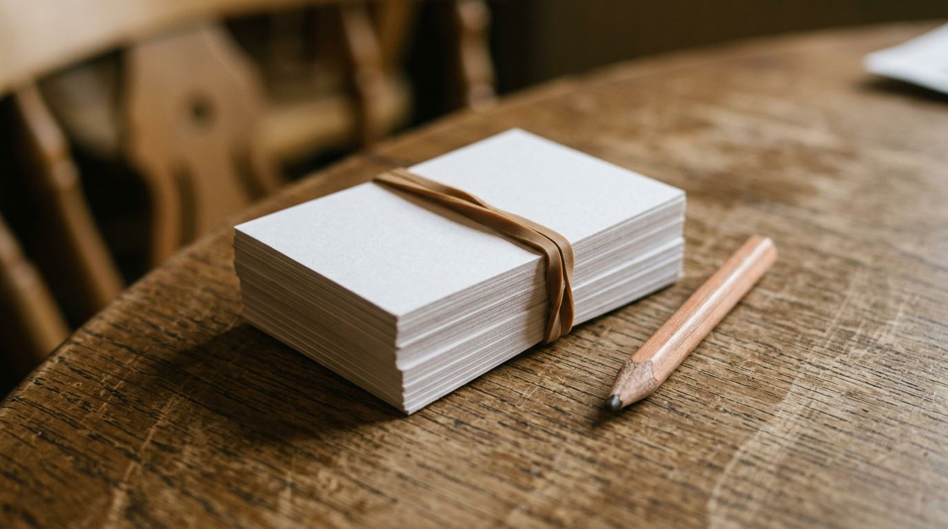 Overhead close-up of a bundle of blank white business cards held by an elastic band on a worn wooden table, with a pencil beside them in warm indoor light