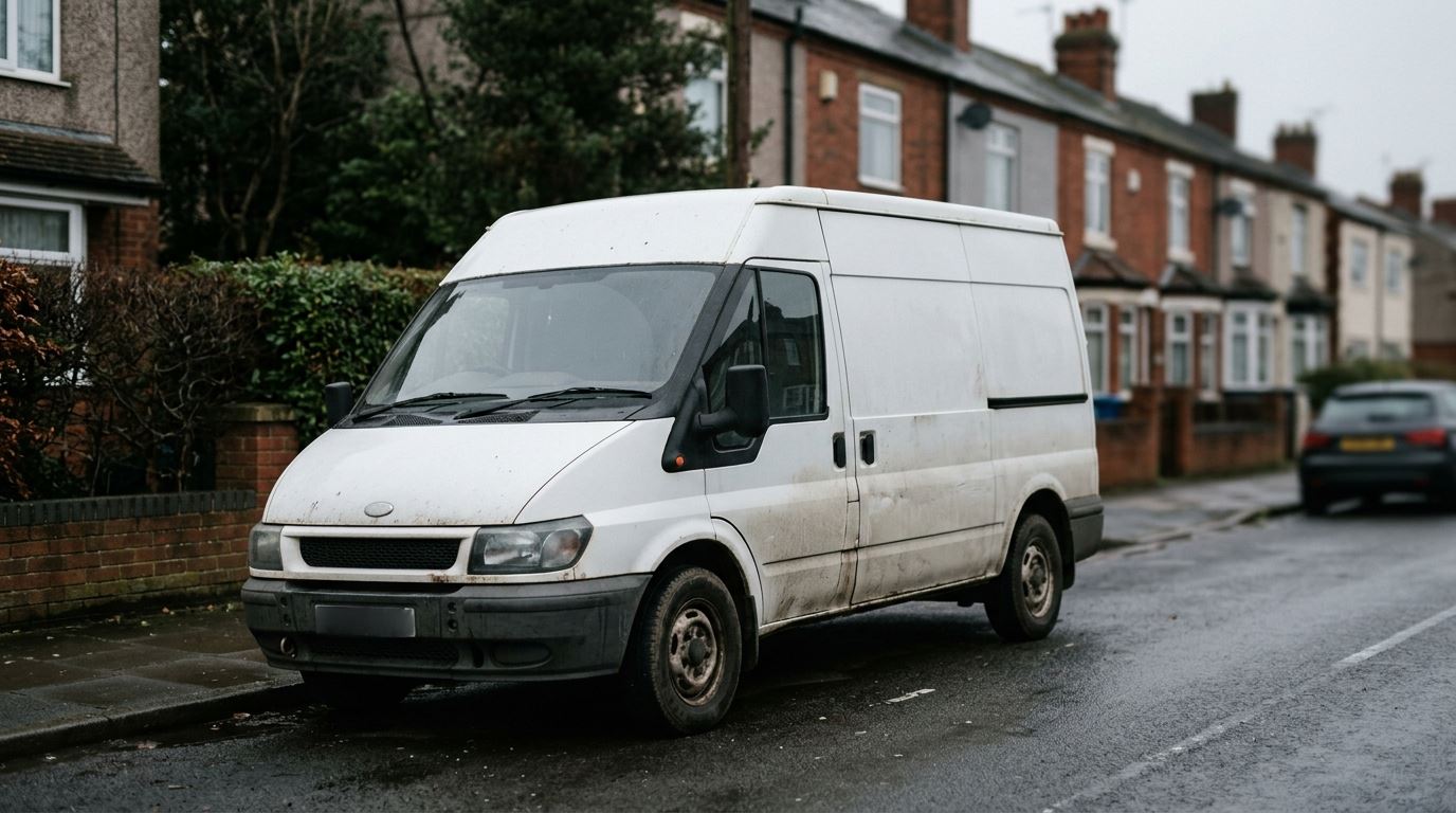 An unmarked work van parked on a quiet residential street