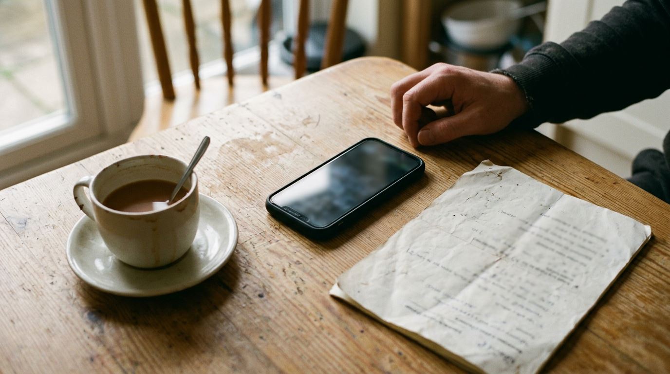 Overhead close-up of a phone lying face up but with an unreadable, reflective screen on a worn kitchen table, next to a mug of tea and a folded job sheet, with one hand at the edge of the frame