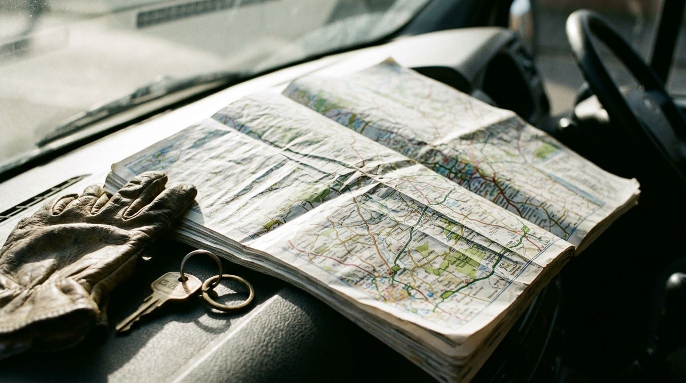 A creased paper road atlas lying open on a van dashboard beside a work glove and a key, shot at a sharp angle in strong light so no place names can be made out