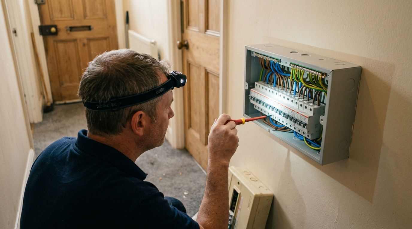 An electrician fitting a new consumer unit