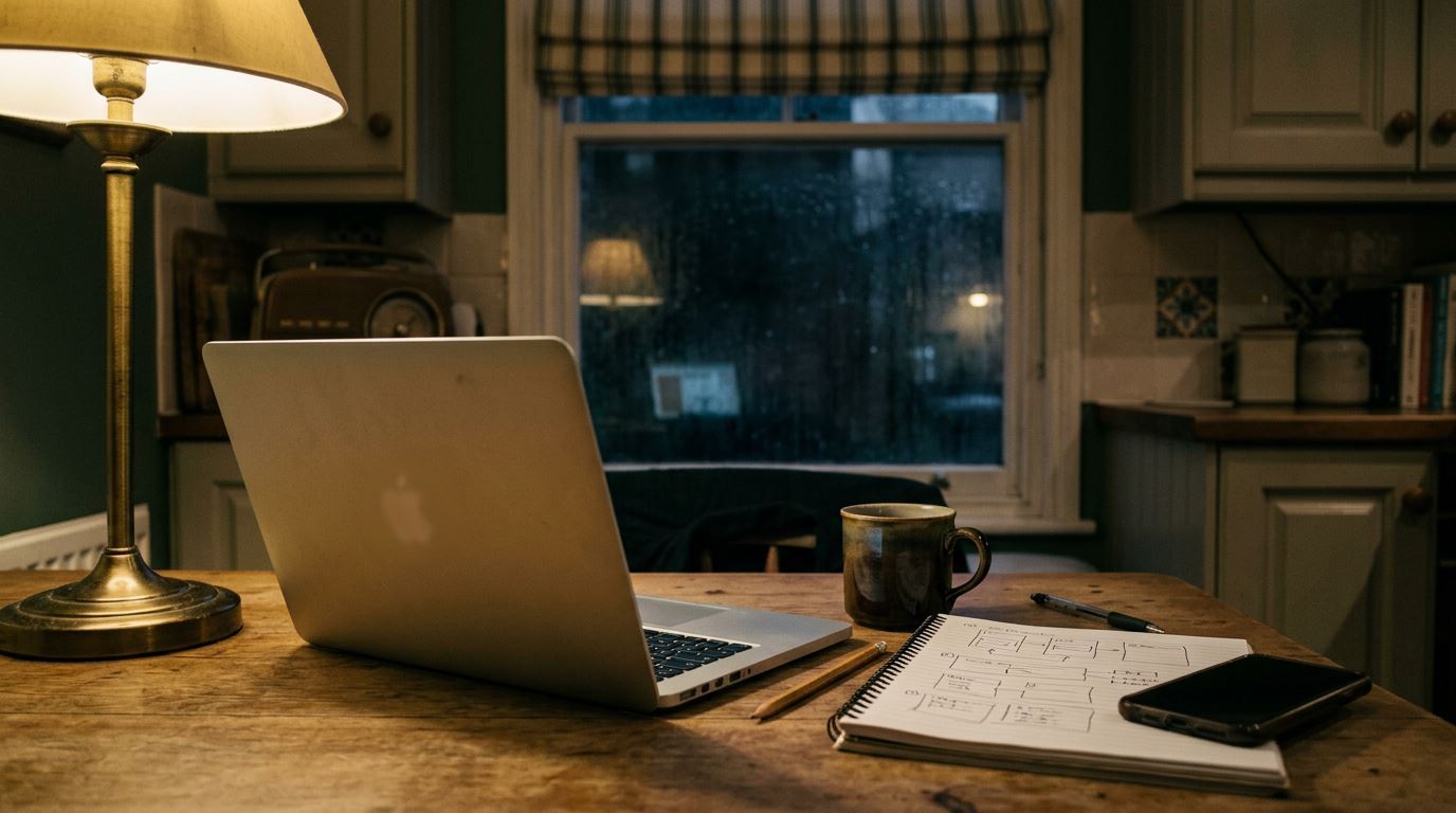 A laptop and notebook on a kitchen table in the evening