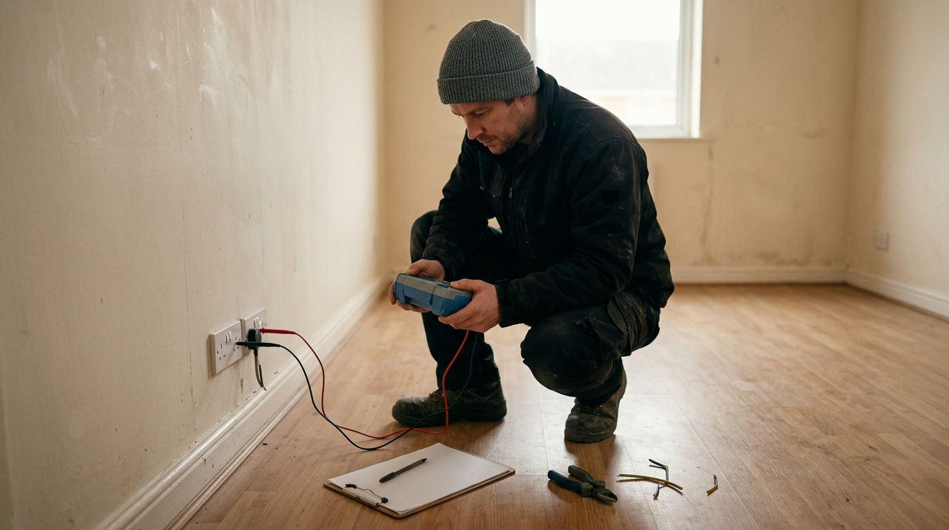 An electrician testing a socket in an empty rented flat