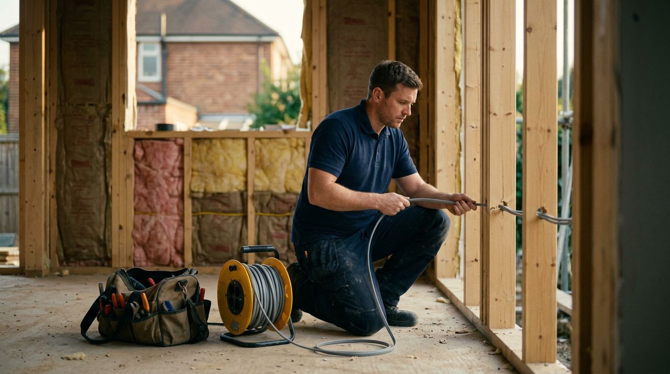 An electrician running cable through a bare stud wall
