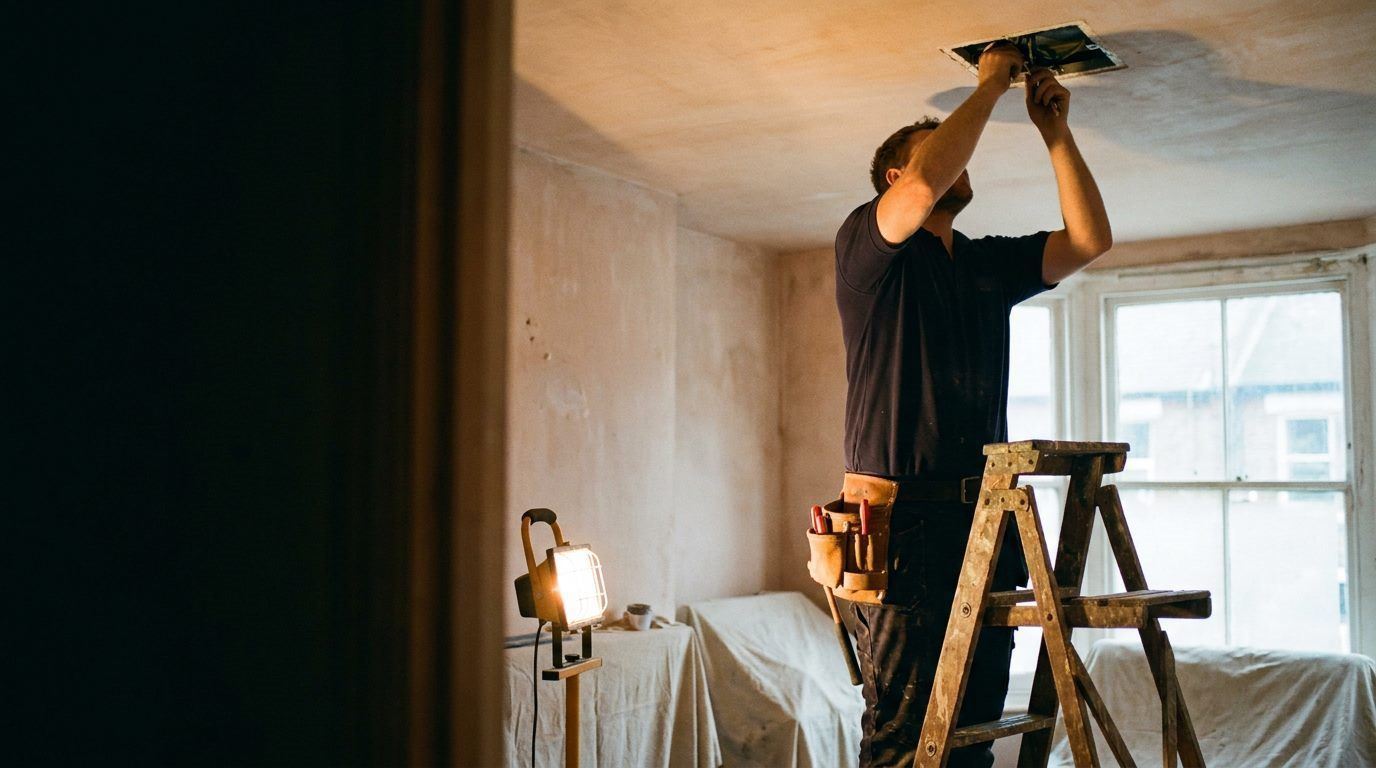 An electrician working on a ceiling box