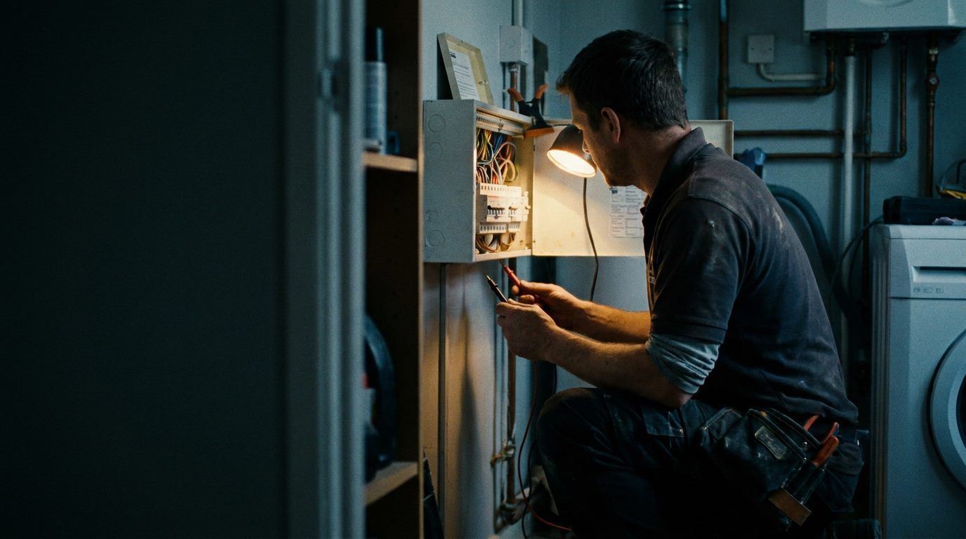 An electrician testing a consumer unit with a multimeter