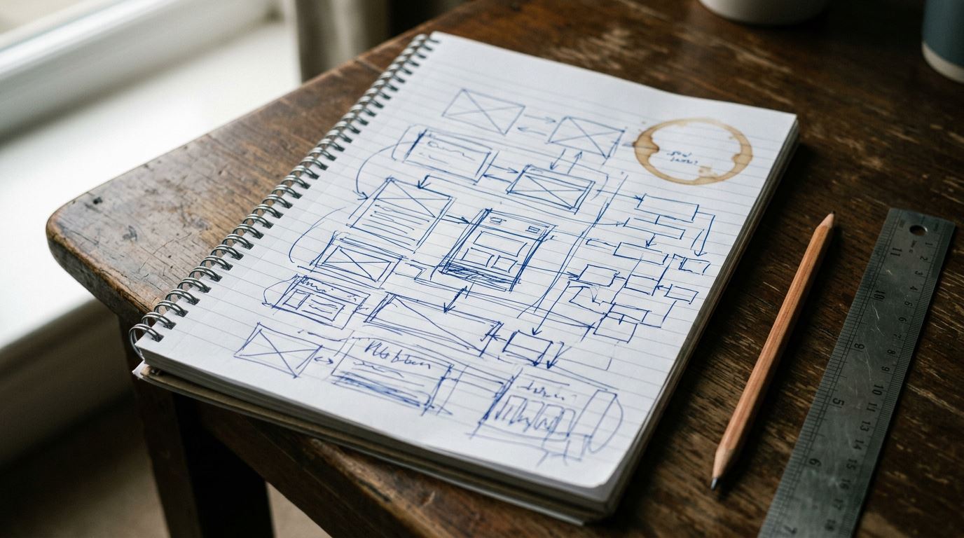 A notebook with hand-drawn page layouts