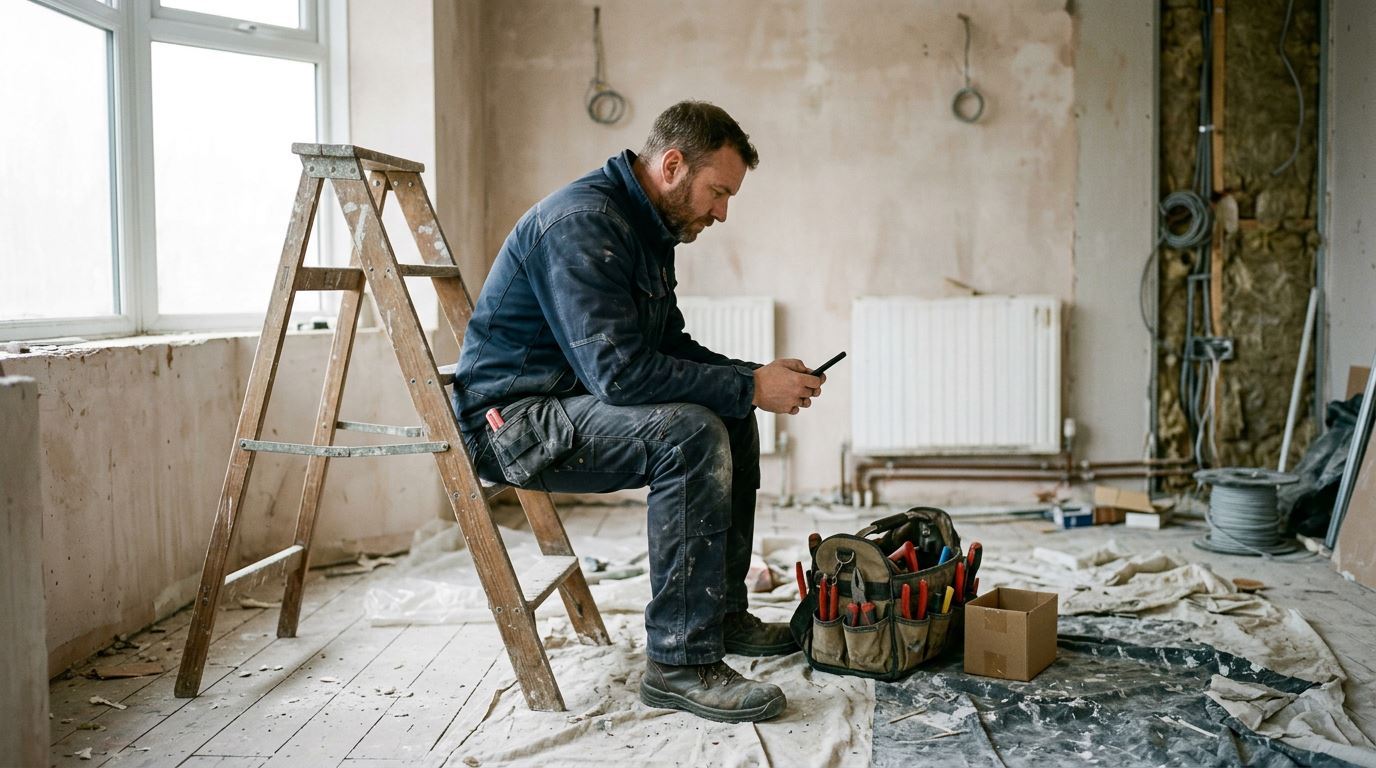An electrician checking his phone on a stepladder