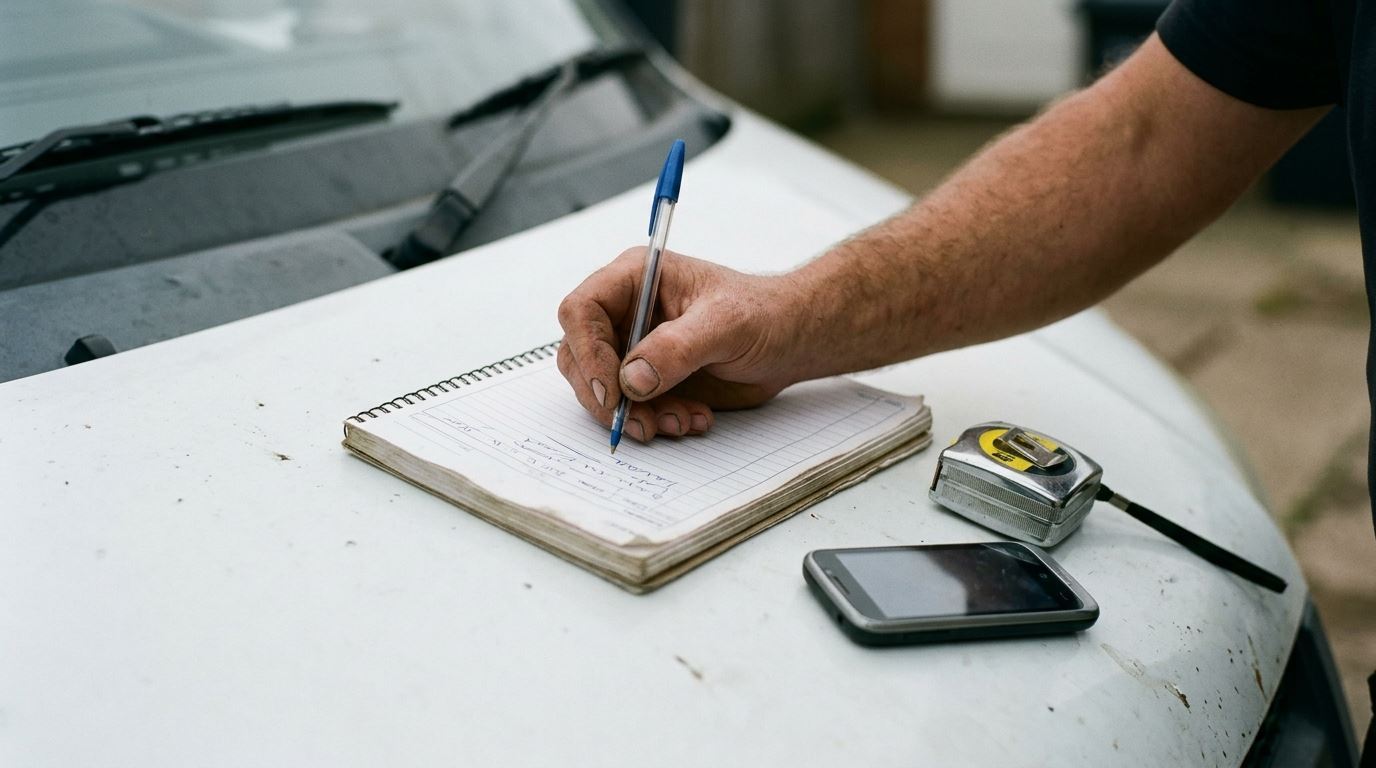 A tradesman writing a quote on a job pad