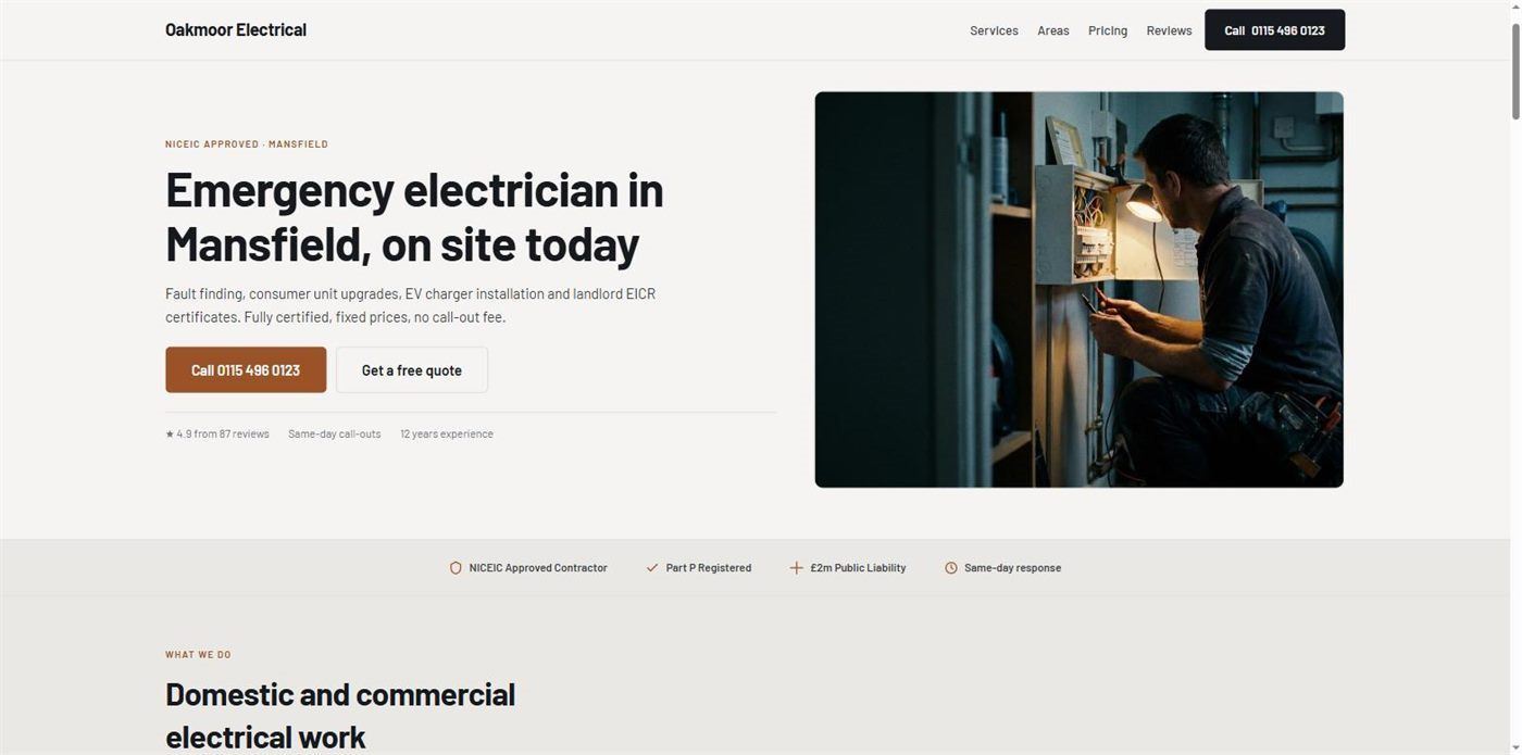 The home page of an electrician's website