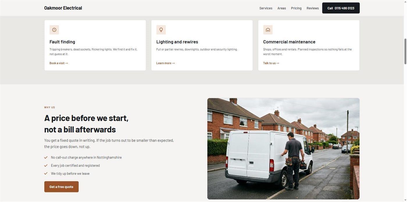 The services section of an electrician's website