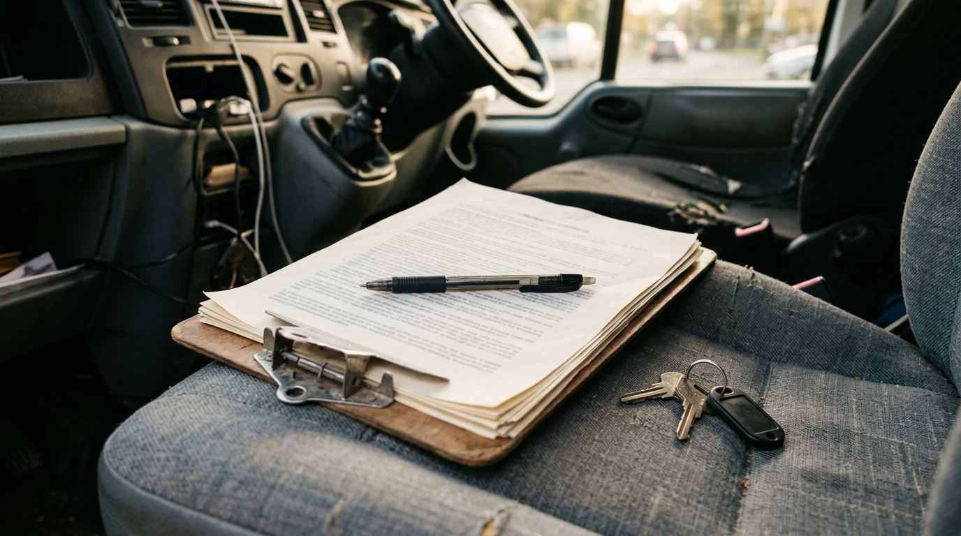 A contract on a clipboard on a van seat