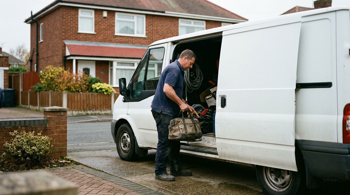 An electrician lifting his tool bag out of the van