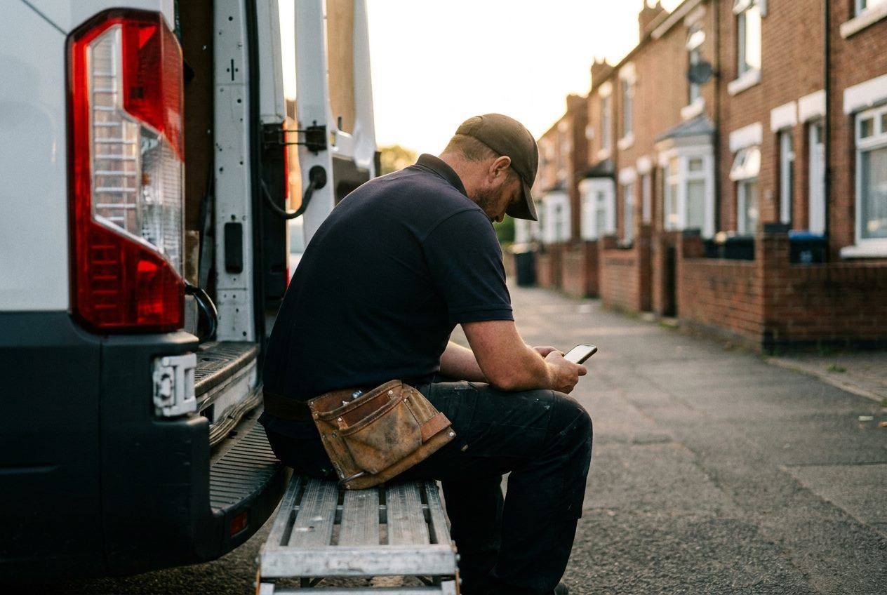An electrician checking his phone