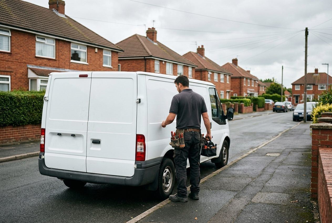 An electrician beside his van